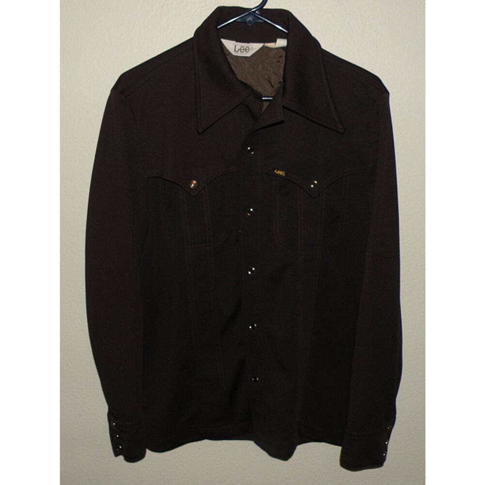 Vtg 70s Lee Men’s Medium LS Western Snap Shirt Brown Polyester Dagger Collar USA